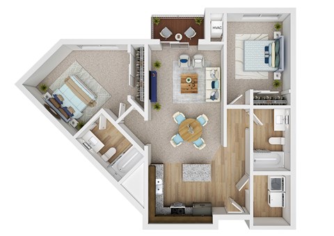 Floor plan for 2 beds, 2 baths, 1050 sqft